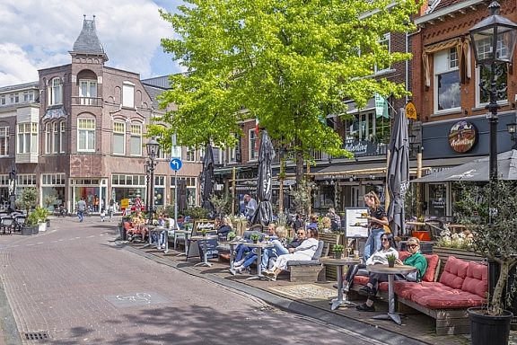 Assen, Netherlands, May 4, 2024; People enjoy the terrace in the city center of Assen.