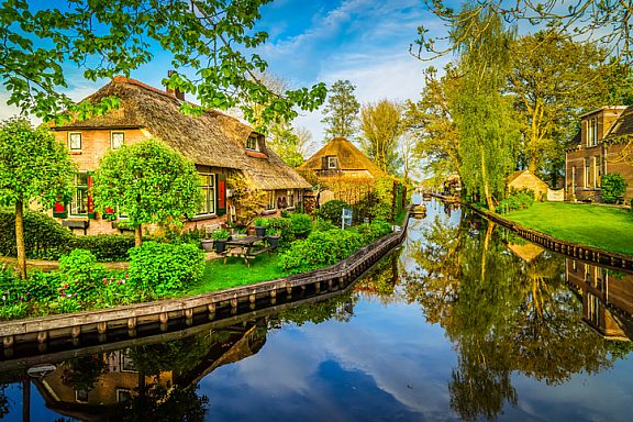 rural dutch traditional country small old town Giethoorn with canals, Netherlands