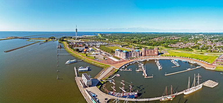 Aerial panorama from the harbor and city Lelystad in the Netherlands